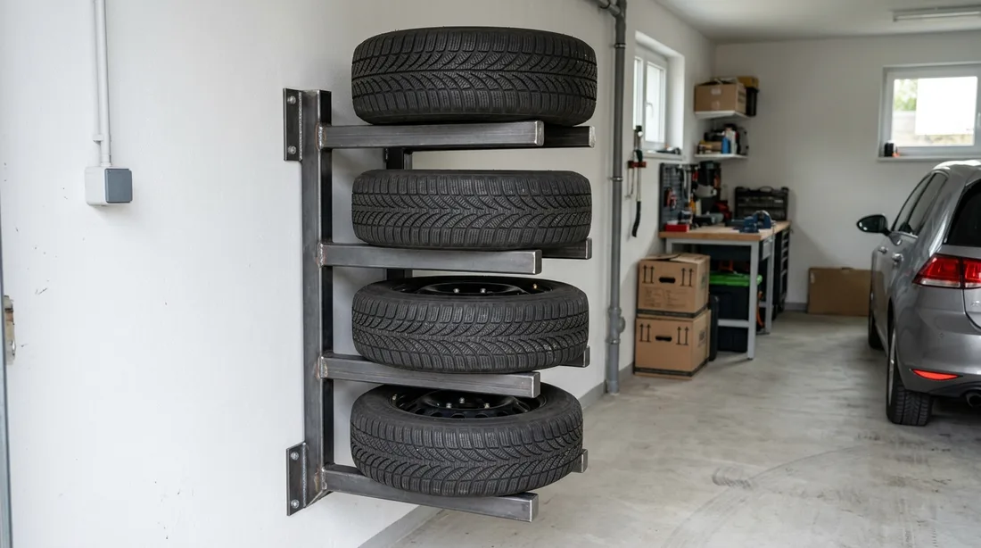 Wandhalter mit vier Kompletträdern, jedes auf einem eigenen Tragarm, an der Seitenwand einer aufgeräumten Garage, im Hintergrund ein parkendes Auto