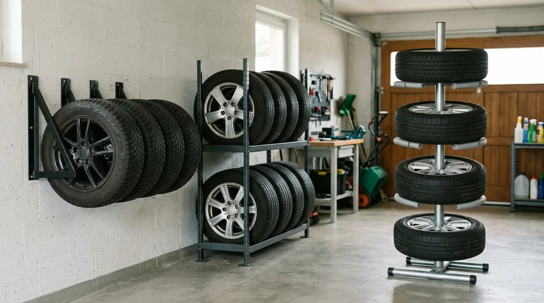 Wandhalter, freistehendes Reifenregal und Felgenbaum mit Kompletträdern nebeneinander in einer Garage