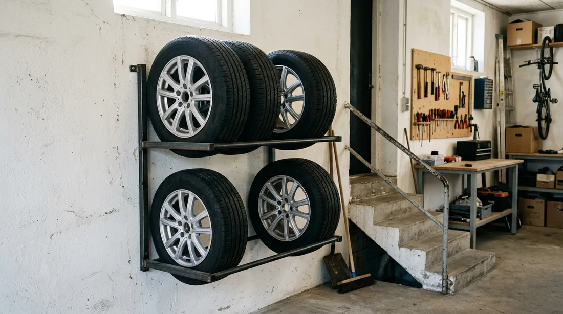 Kompletträder auf einem zweistufigen Wandhalter in einer Garage, daneben eine Treppe, die zu einem Werkraum hinaufführt