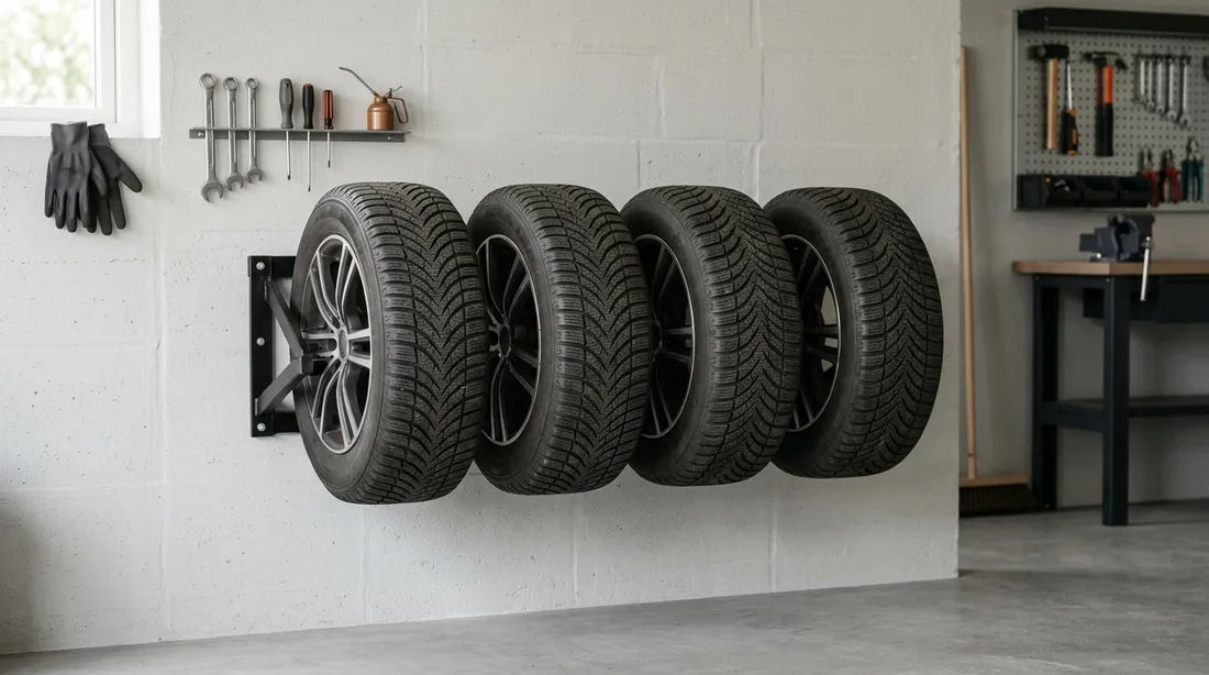 Vier Kompletträder eines Winterreifensatzes an einem Wandhalter in einer aufgeräumten Garage